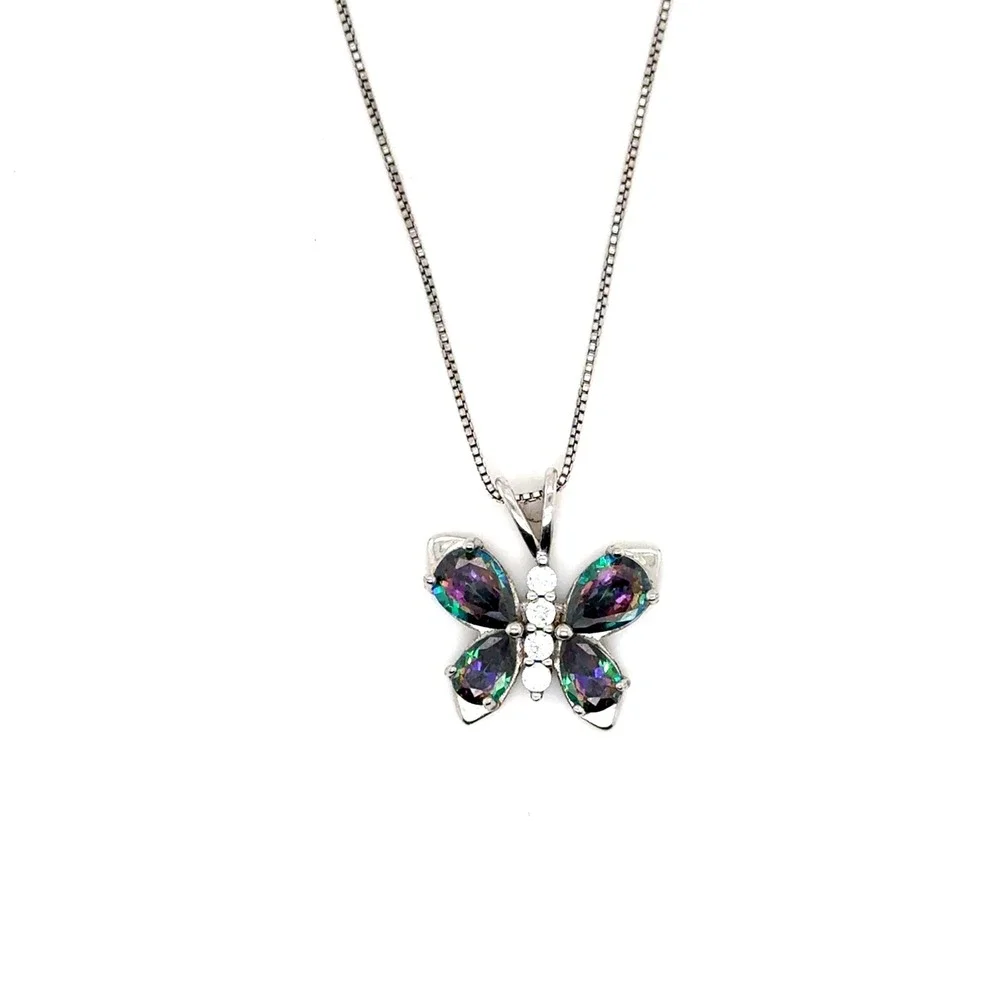 Sterling Silver Mystic Topaz Butterfly Necklace 18 Inch Box Chain 925 Italy